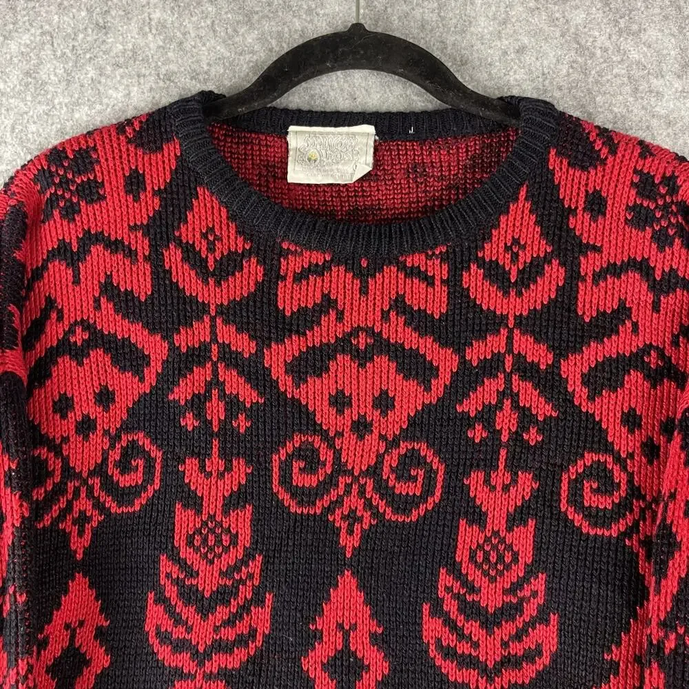 Vintage Yellow Rose Sweater Womens Medium Red Floral‎ Knit Artsy Hong Kong 80s
